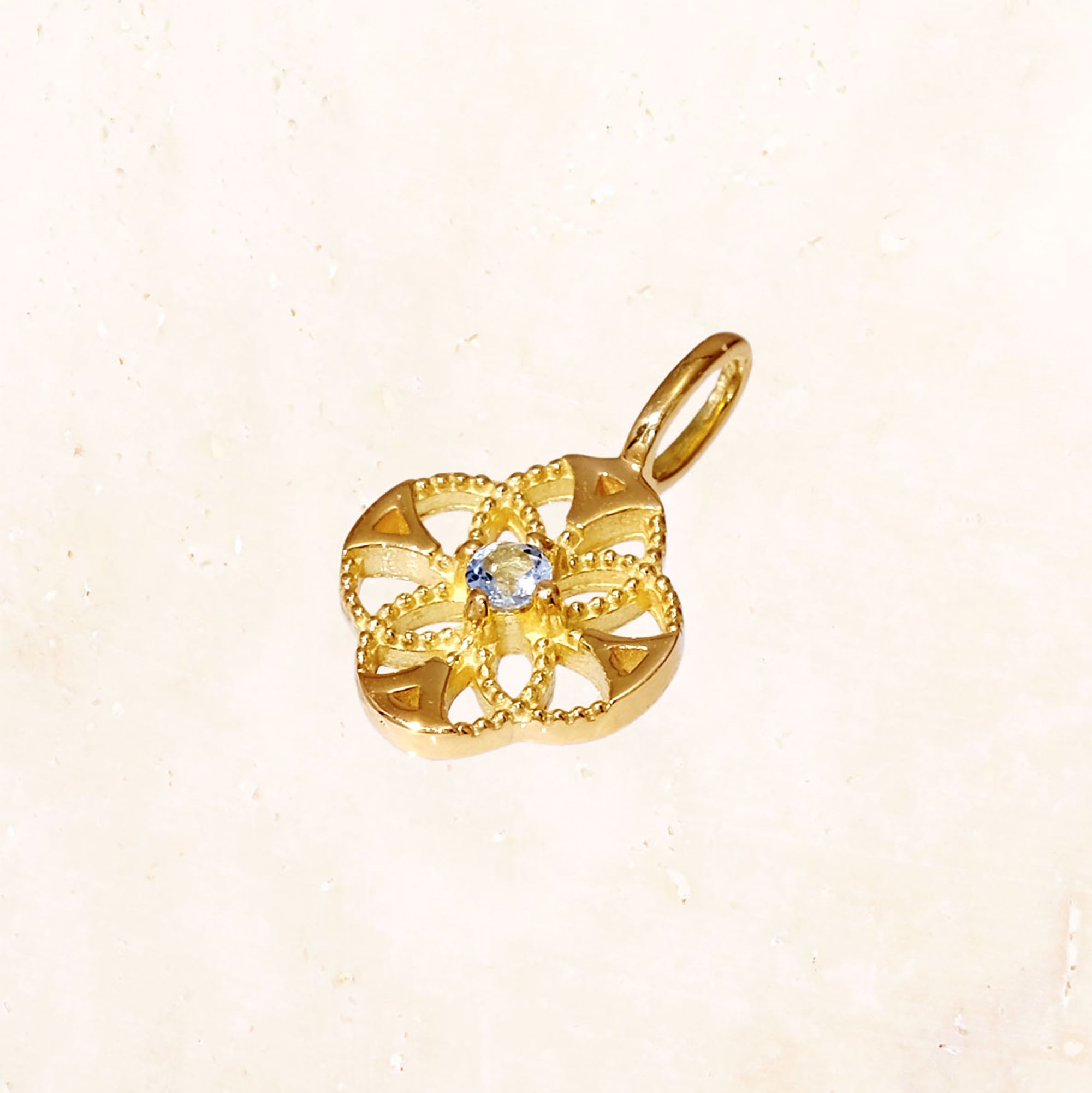 18K Gold Lace Flower Birthstone Charm (Aquamarine) - Image 4