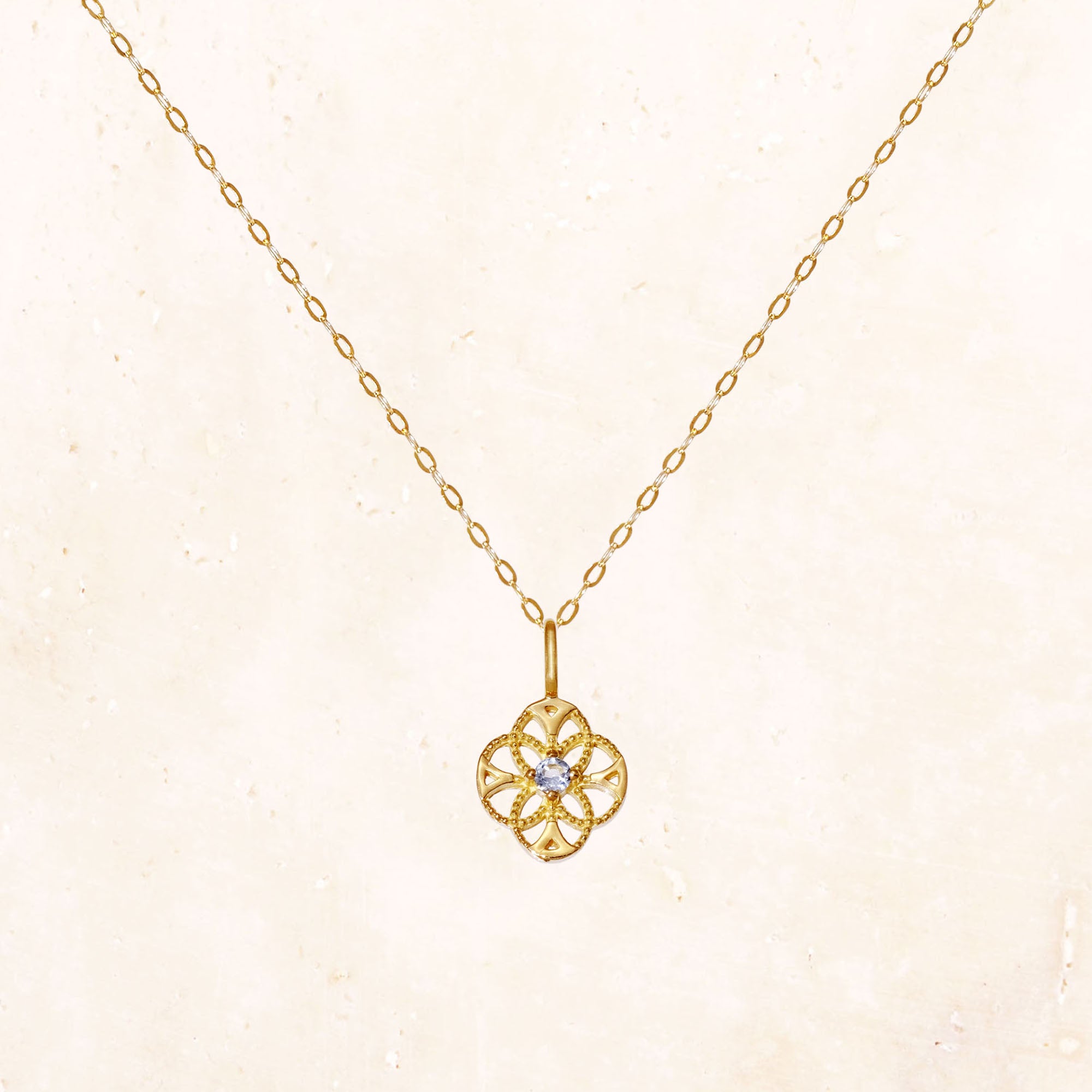 18K Gold Lace Flower Birthstone Charm (Aquamarine) - Image 6