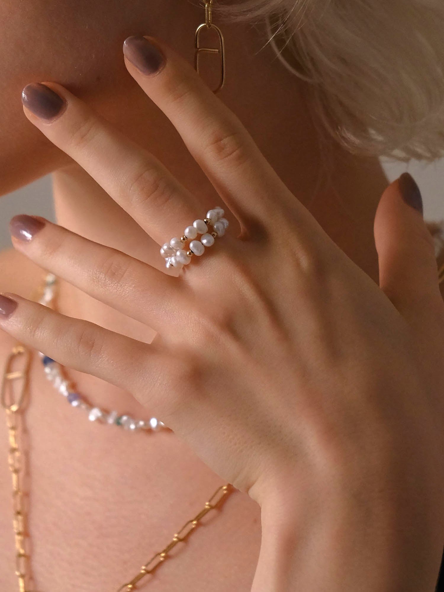 Pearl & Gold Beads Spiral Ring - Image 2